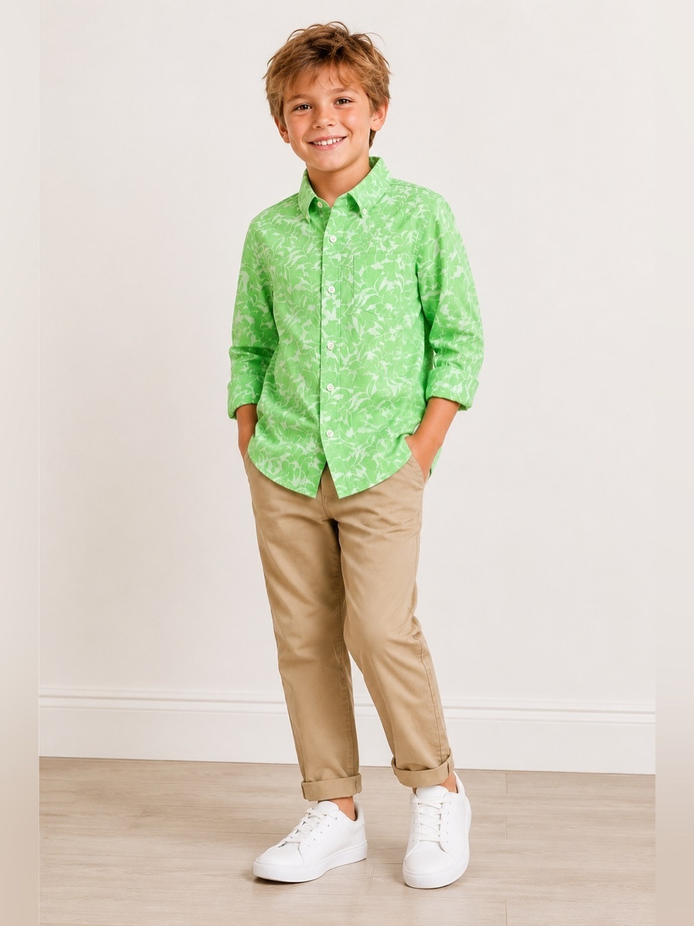 Kids J. Crew members Bright Green Floral Button-Up Shirt Size 4